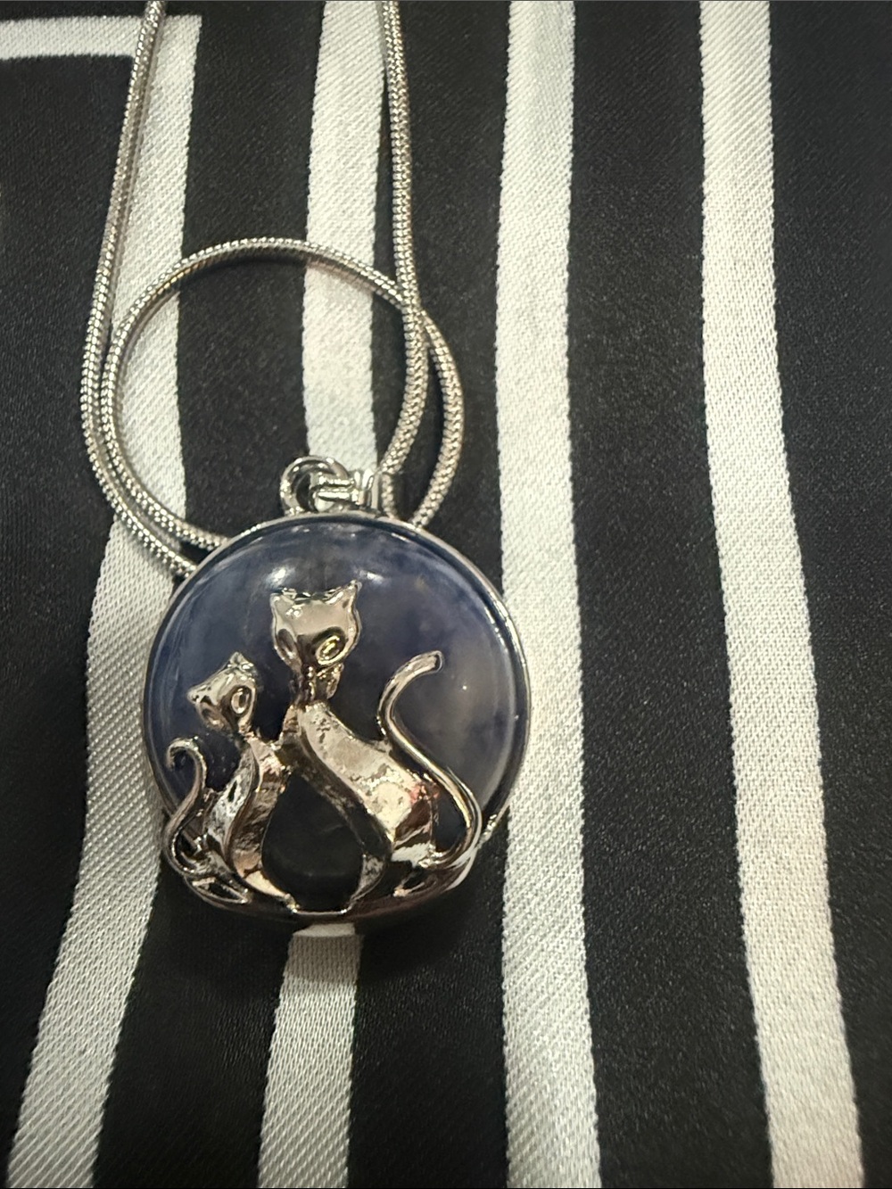 Silver Cat Pendant Necklace with Blue Inlay - Pets Cat